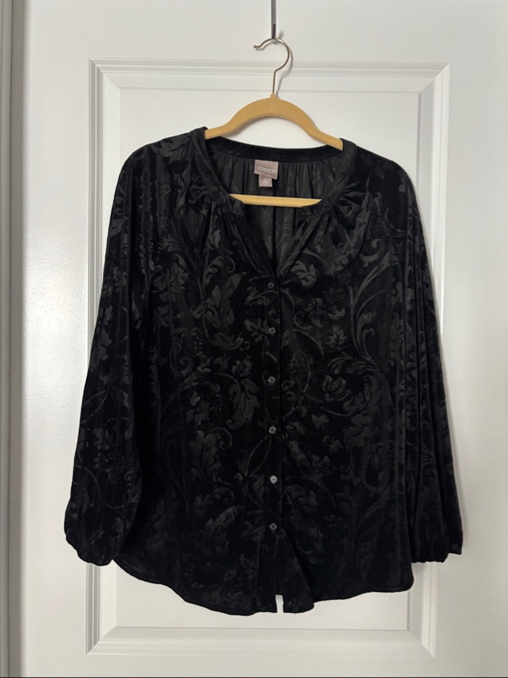 Chico's Black Textured Velvet Button-Front Blouse